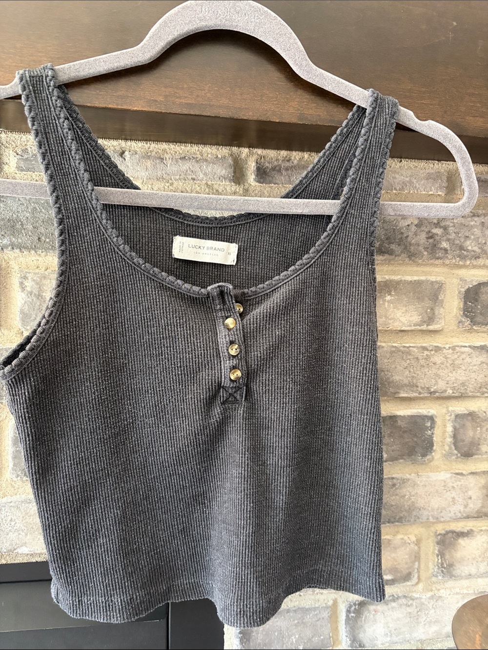 Lucky Brand Charcoal Ribbed Henley Tank with Gold Buttons